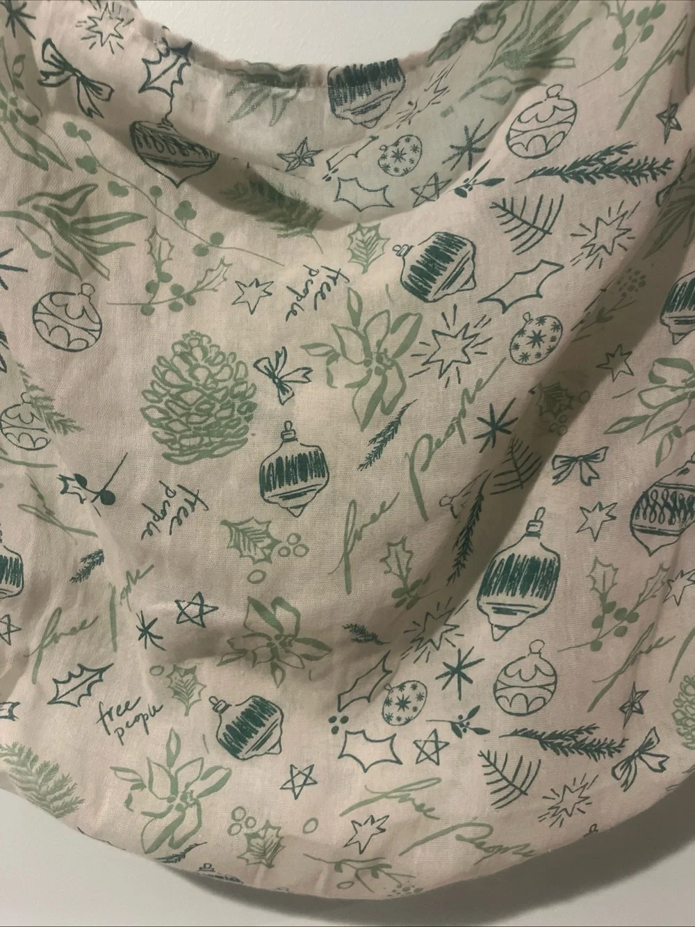 Free People Christmas Holiday Print Shoulder Bag Tote Lightweight Green White